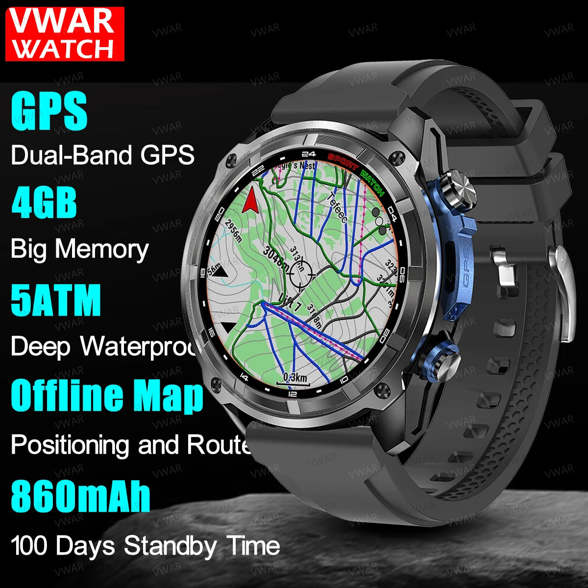 2025 NEW GPS Smart Watch with Offline Map 30m Waterproof 860mAh Big Battery Military Smartwatch Men 4GB Storage Video Player