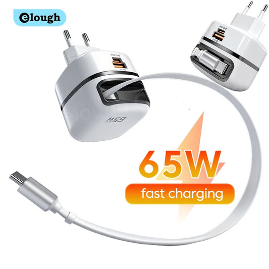 Elough 65W USB Type C Phone Charger Universal Travel Adapter Retractable Fast Charging USB C Cable For iPhone 16 Samsung Laptop