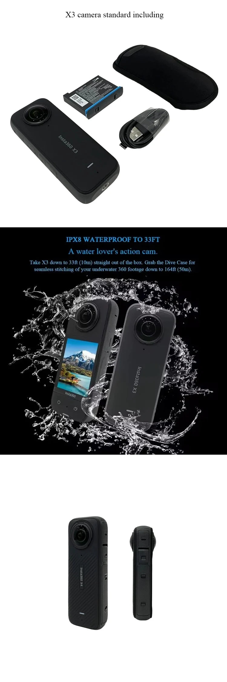 Insta360 X3 - Waterproof 360 Action Camera with 1/2" 48MP Sensors, 5.7K 360 Active HDR Video, 72MP 360 Photo, 4K Single-Lens