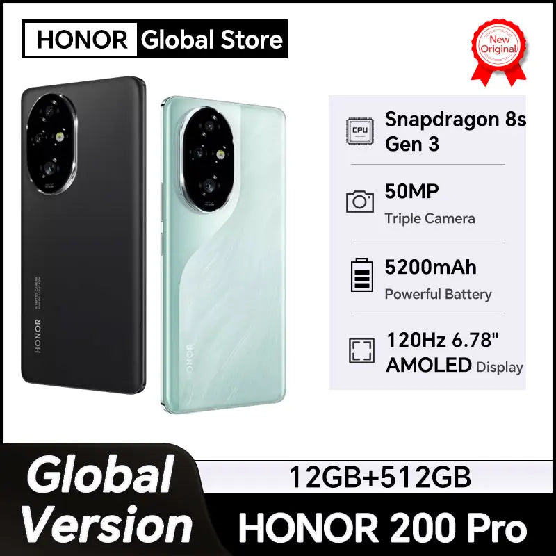 HONOR 200 Pro Global Version 6.78'' 5G Smartphone Snapdragon 8s Gen 3 120Hz AMOLED Display 5200mAh Battery 100W SuperCharge