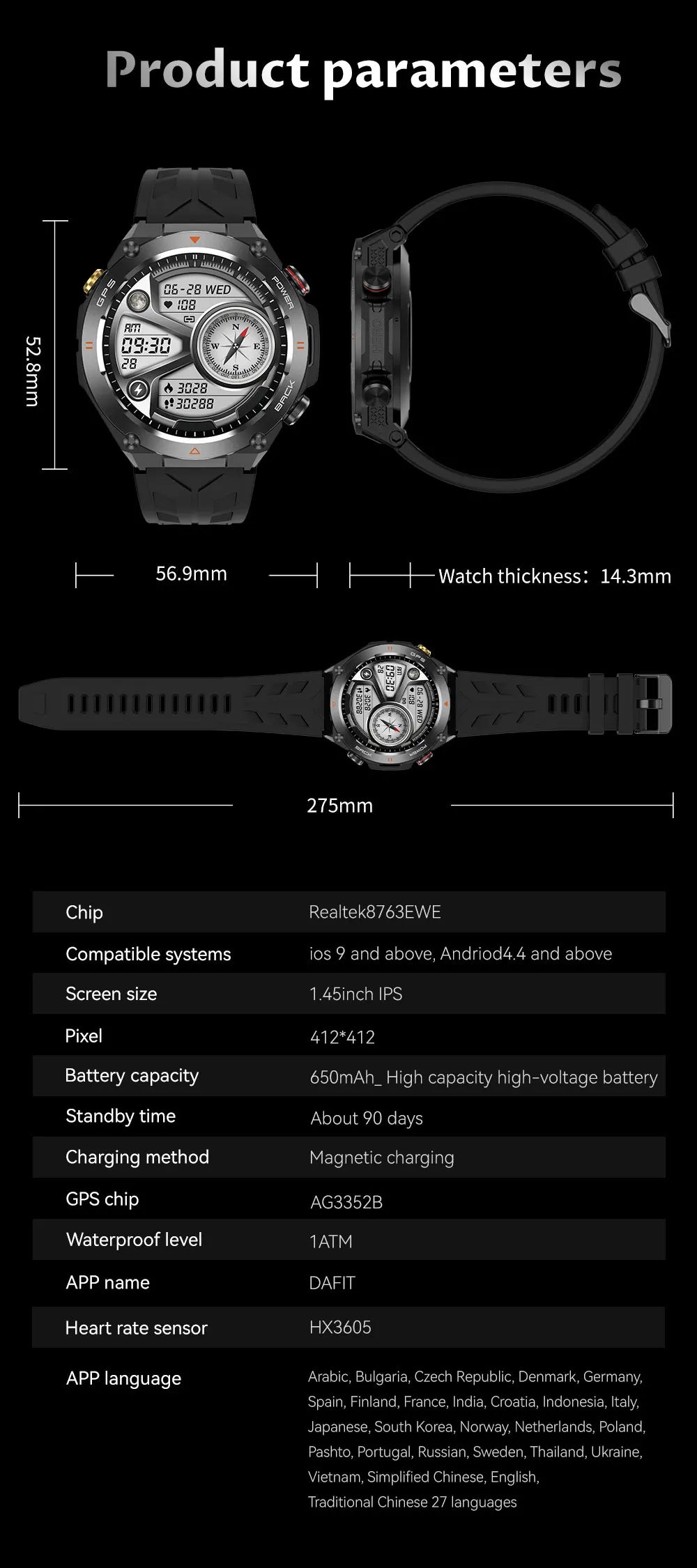 TLCRETE Men Outdoor Smartwatch Stainless Steel BT Call 650mAh Built-In GPS AI Voice Assistant 1ATM Waterproof Smart Watch KC82