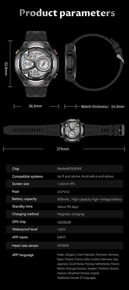 TLCRETE Men Outdoor Smartwatch Stainless Steel BT Call 650mAh Built-In GPS AI Voice Assistant 1ATM Waterproof Smart Watch KC82