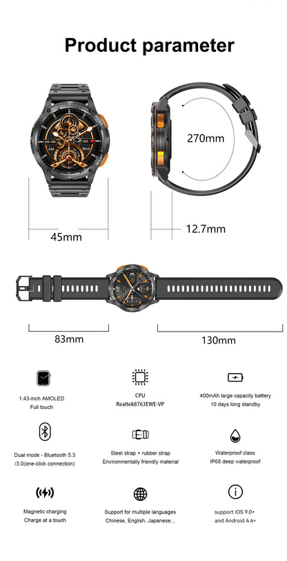 Smart Watch AK59 Bluetooth Call AI Voice 1.43inch AMLOED HD Large Screen Heart Rate Outdoor Sport Men Women Smartwatch
