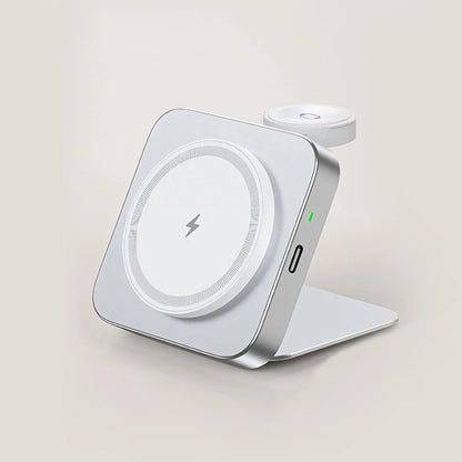 15W Fast Wireless Charger Magnetic 2 in 1 Foldable Wireless Charging Station Fast Charging Phone Stand Portable Aluminum Magneti