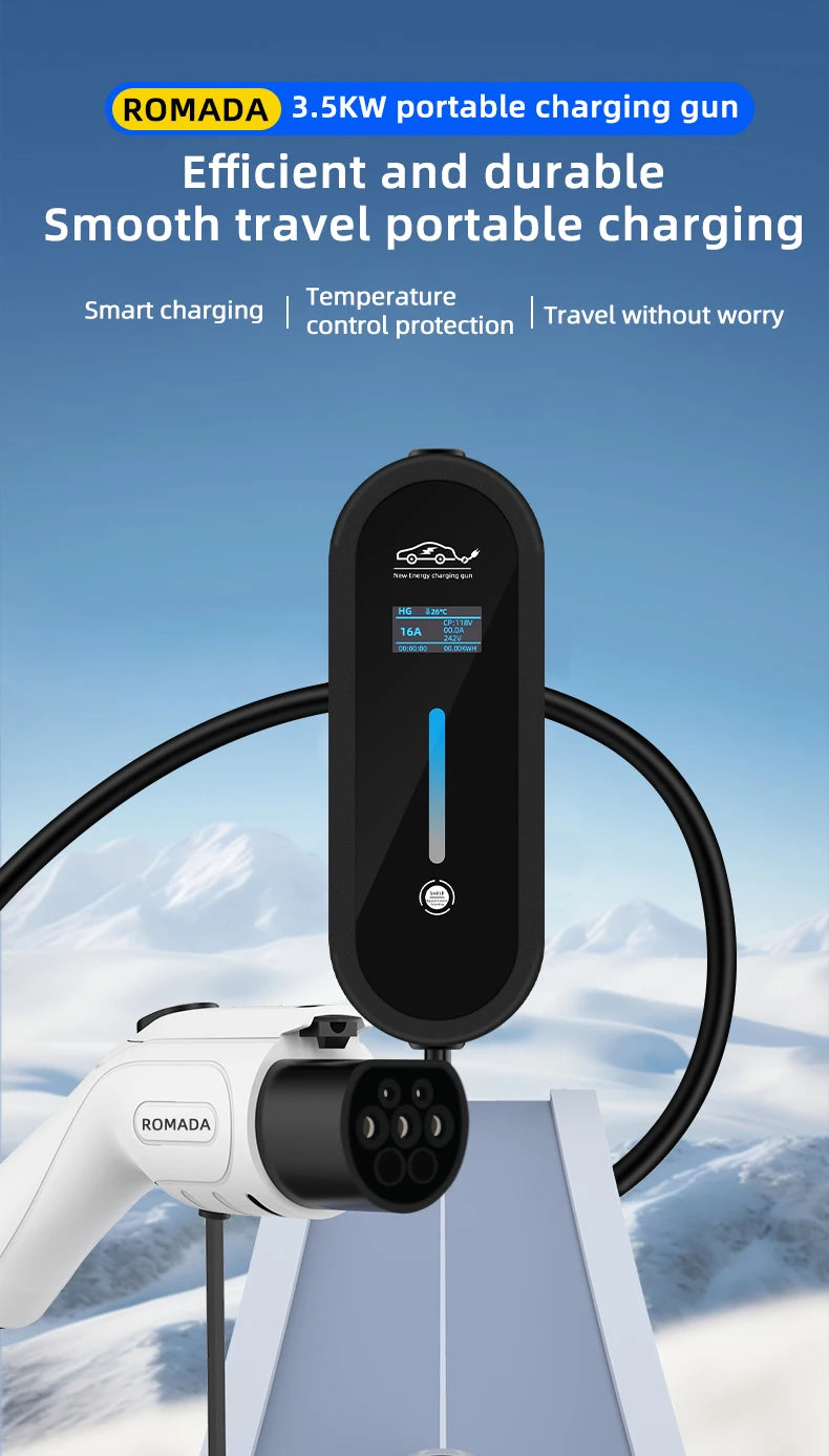 ROMADA 3.5KW 16A EV Portable Charger 3M 5M 10M 15M 20M Cable Type2 IEC62196 EVSE Wallbox Adapter EU Plug For Electric Vehicle
