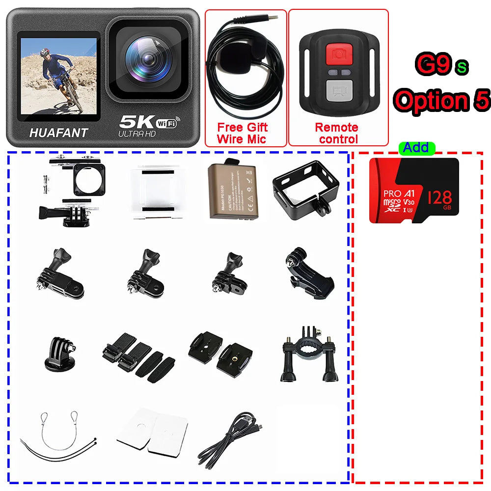 G9SE Action Camera 5K30fps 4K60fps 50MP 2.0 Touch LCD EIS DVR Webcam Dual Screen Wi-Fi 170D Waterproof 30M 5X Zoom Sports Camera