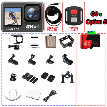 G9SE Action Camera 5K30fps 4K60fps 50MP 2.0 Touch LCD EIS DVR Webcam Dual Screen Wi-Fi 170D Waterproof 30M 5X Zoom Sports Camera