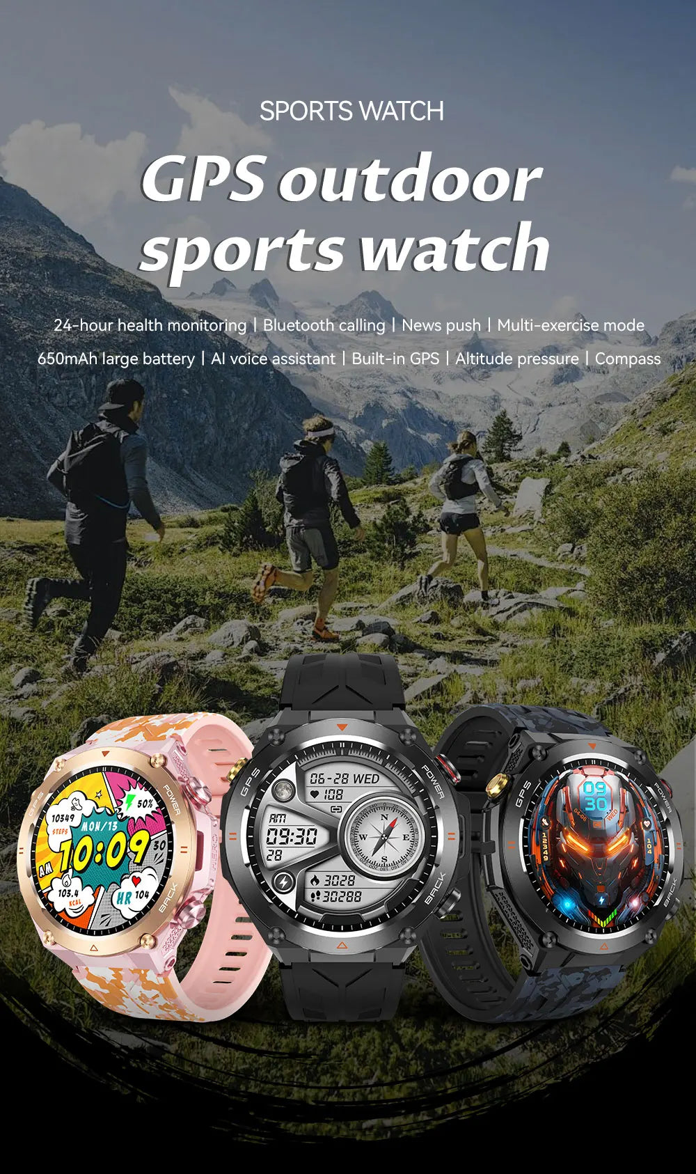 TLCRETE Men Outdoor Smartwatch Stainless Steel BT Call 650mAh Built-In GPS AI Voice Assistant 1ATM Waterproof Smart Watch KC82