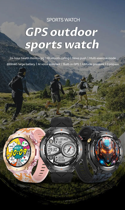 TLCRETE Men Outdoor Smartwatch Stainless Steel BT Call 650mAh Built-In GPS AI Voice Assistant 1ATM Waterproof Smart Watch KC82