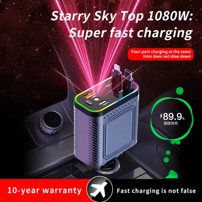 4 in 1 120W PD 33W Car Charger Retractable Car Cigarette Lighter Adapter Star Light Lighting Type C 70cm Charger Cable for Phone