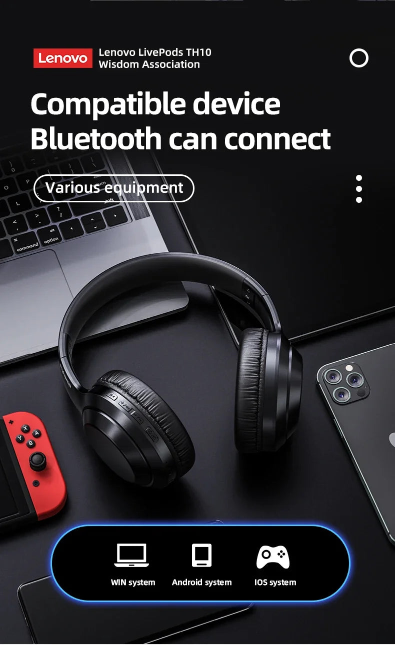 Lenovo TH10 Wireless Bluetooth Headset HIFI Stereo Earphones Foldable Over Ear Earbuds Sports Game Headphones with Microphone - Universal Market