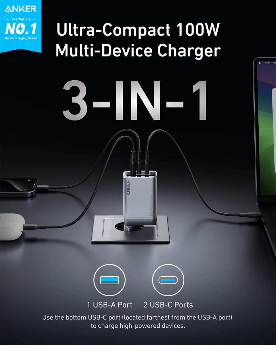 Anker Prime Charger, 100W USB C Charger, 3-Port GaN Foldable and Compact Anker Wall Charger, for MacBook, iPad, iPhone17