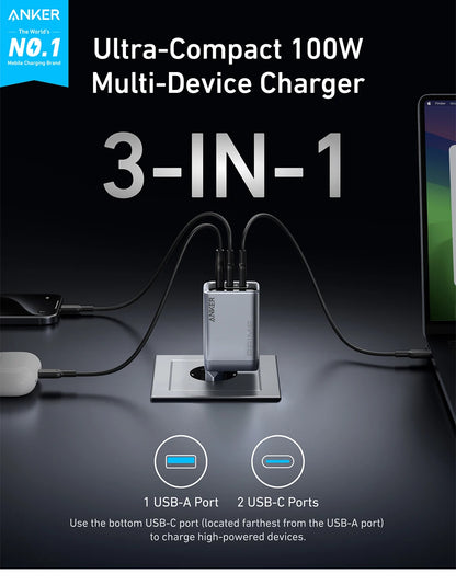 Anker Prime Charger, 100W USB C Charger, 3-Port GaN Foldable and Compact Anker Wall Charger, for MacBook, iPad, iPhone17