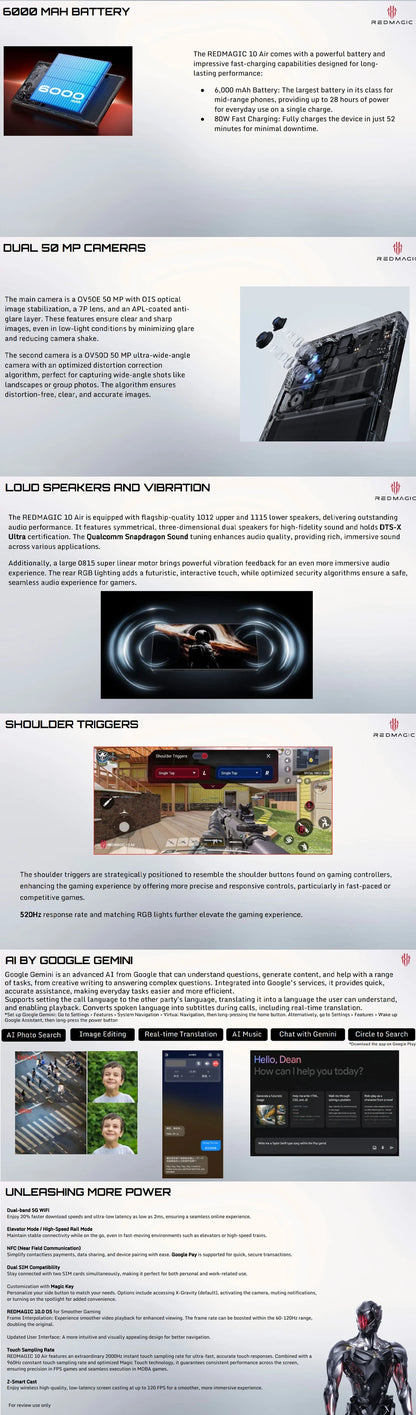 Global Version RedMagic 10 Air Gaming Phone Lightweight design 6.8" Snapdragon 8 Gen3 6000mAh 80W Charge 50MP NFC