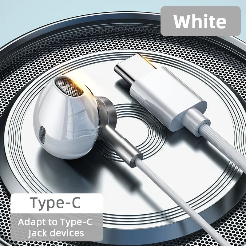 USB Type C Headphone HiFi Bass Stereo Volume Control Mic 3.5mm Wired Earbuds For Galaxy S24 S23 S22 S21 Ultra iPhone 15 Pro Max - Universal Market