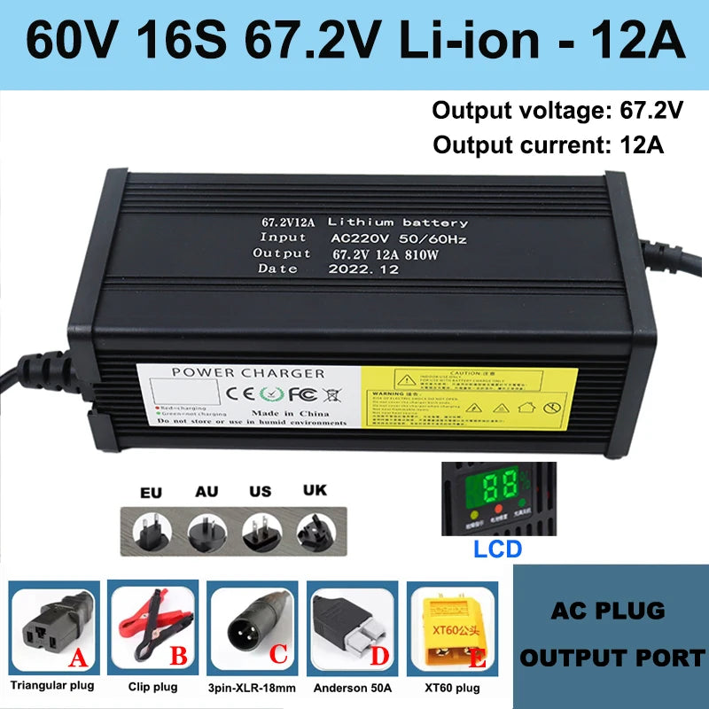 NEW 60V Lithium Battery Charger 67.2V 16S 5A 8A 10A 12A 15A 20A High-power Smart Band Display Rapid Charging Metal Shell