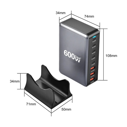 New 600W GaN Fast Charge 3.0 USB Type C Fast Charger with 8 Ports, 5C3A PD Charger for Phones and Tablets, Portable Design