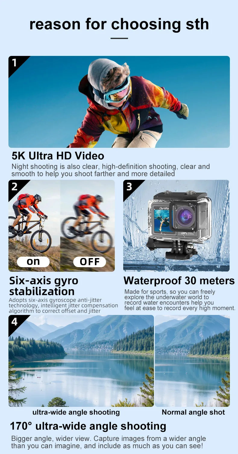 5K HD Outdoor Sports Camera Video Recording Action Shoot Stabilization Underwater Waterproof Photography Cam CarDriving Recorder