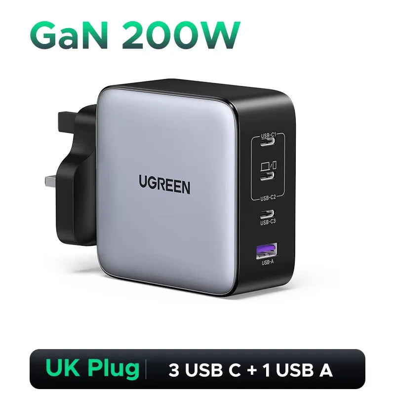 UGREEN 200W Travel GaN Charger PD 3.1 140W QC4.0 3.0 Quick Charge For Macbook Pro Laptops iPhone 17 16 Samsung S25 Xiaomi Tablet