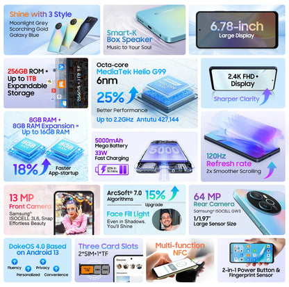 Blackview SHARK 8 Smartphone Android13 G99 Mobile Phone 6.78'' 120Hz 2.4K Display 16 (8+8) GB RAM 256GB ROM 64MP Cameras Phones