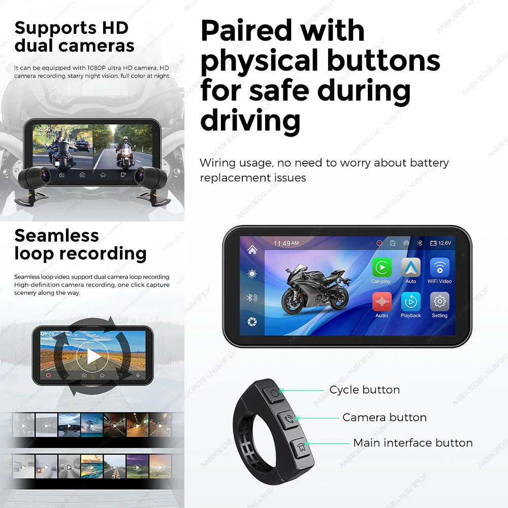 Portable 6.25 inch IP67 Waterproof Motorcycle GPS Navigation Wireless Carplay Android Auto DVR Drive Recorder Moto Monitor WIFI - Universal Market