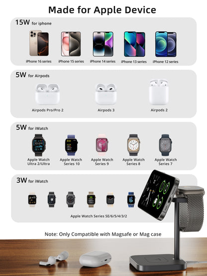 LULULOOK Qi2 3 in 1 Wireless Charging Station,Aluminum 15W Fast Mag-Safe Charger Stand for iPhone 17 16 15 14,5W for Apple Watch