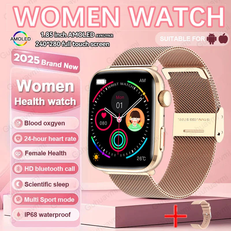 2025 AI Diagnosis NFC Smart Watch Women 1.85 inch AMOLED Blood pressure Heart Rate Temperature BT call Smartwatches Men For IOS