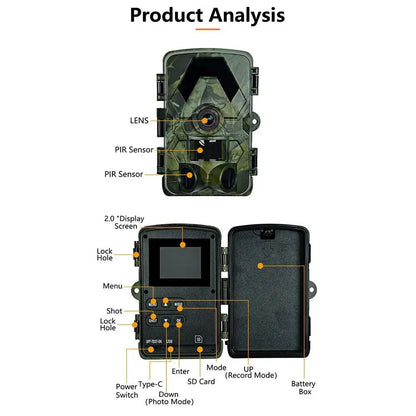 IP66 Waterproof Outdoor Infrared Trail Camera 120° Wide-Angle Camouflage 5K HD Motion Activated Camera with Straps Support 128G