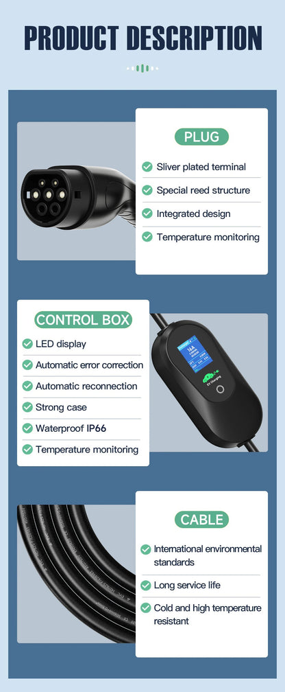 AFEEV Type2 IEC 62196-2 Portable EV Charger 7.2KW 32A Type1 SAEJ1772 Wallbox EVSE Fast Charging Cable WiFi APP Bluetooth Control