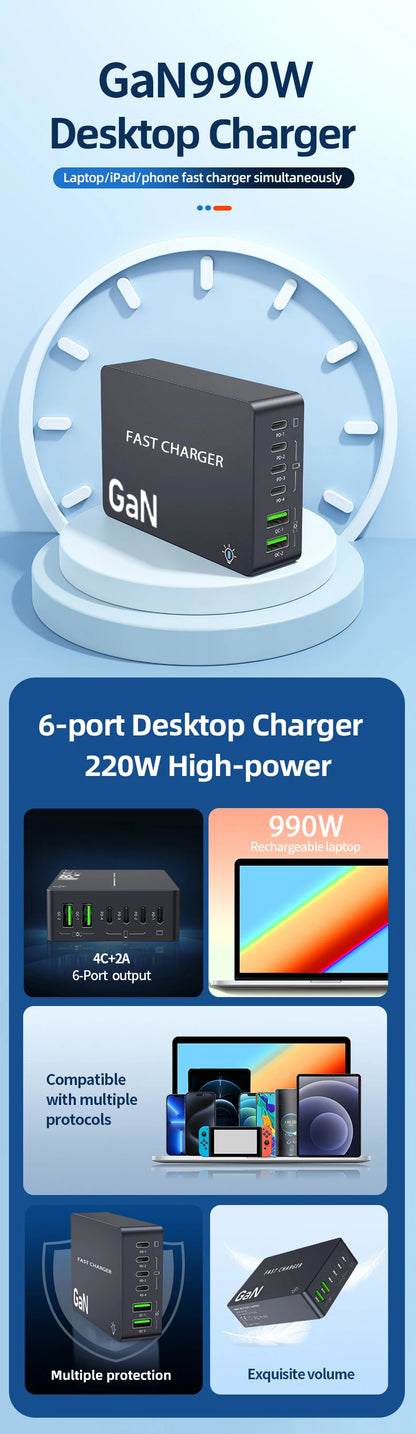 990W USB C GaN Charger 300W PD 3.3 PPS QC4.0 Multiport Fast Charging Station For Laptop iPhone 15 16 Samsung Macbook Pro Tablet