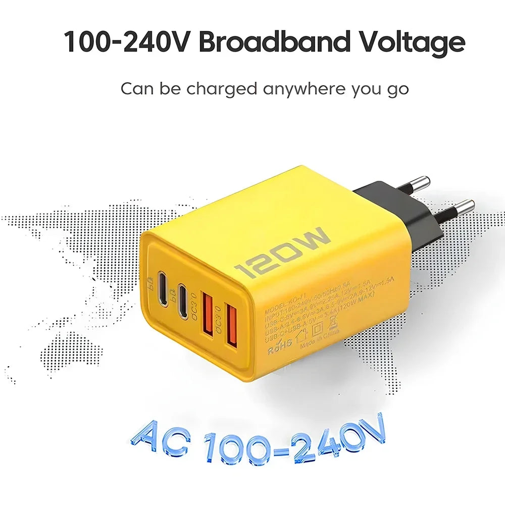 120W 2 USB+2 Type-C 4 Ports Wall Charger Fast Charging EU/US/UK Plug Power Adapter For Xiaomi iPhone Samsung Huawei Phone/Tablet