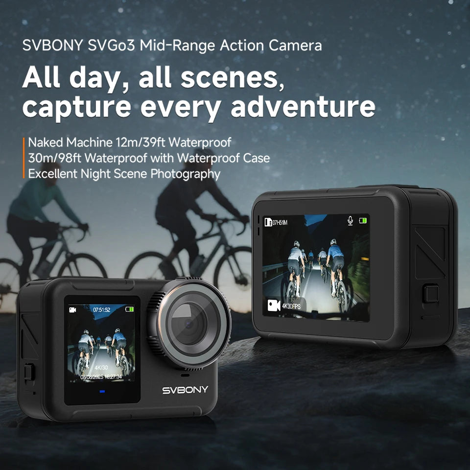 SVBONY SVGo3 Action Camera 4K30 Waterproof Dual LCD Screens Sports Camera with Quick Release Mount for Surfing Cycling Vlog
