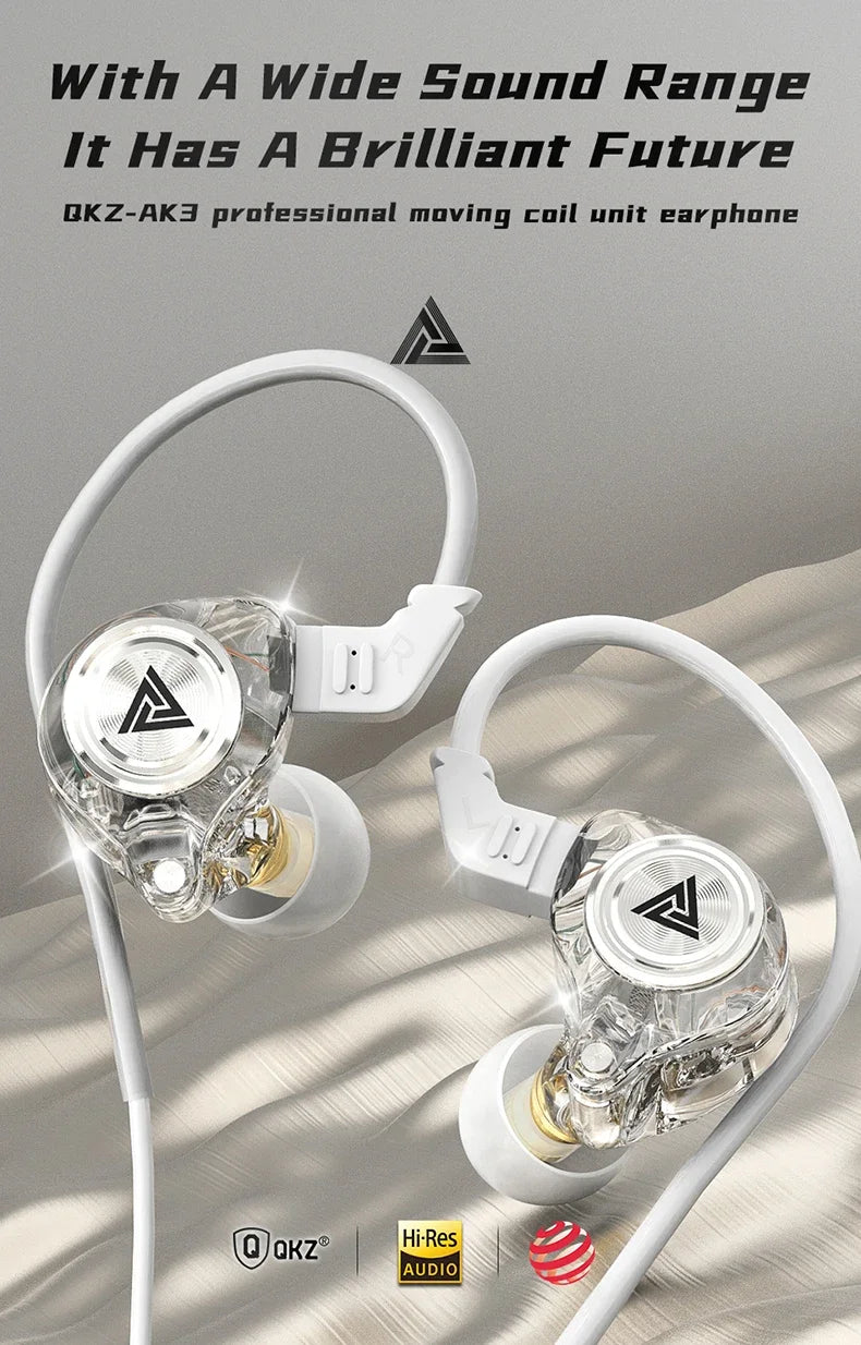 QKZ AK3 FiLe Wired Earphone with Microphone HiFi Music Monitor Bass Headphones Noise Cancelling Headset For Sport Gaming Earbuds - Universal Market