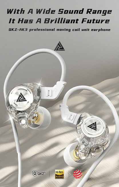 QKZ AK3 FiLe Wired Earphone with Microphone HiFi Music Monitor Bass Headphones Noise Cancelling Headset For Sport Gaming Earbuds - Universal Market