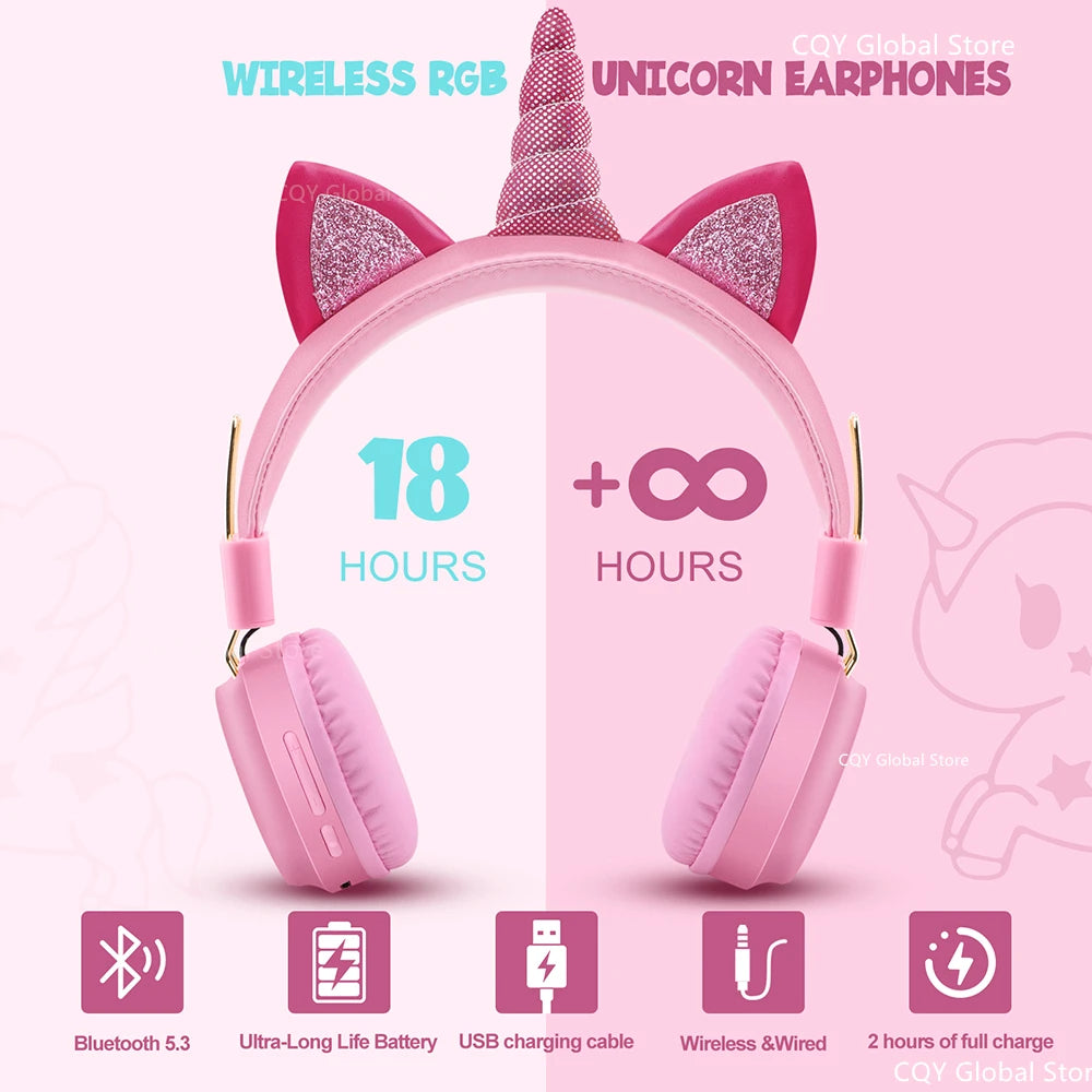 RGB Unicorn Kids Wireless Headphones With Mic Music Stereo Earphone Cute Unicorn Control RGB Light Headset Girls Kids Gift - Universal Market