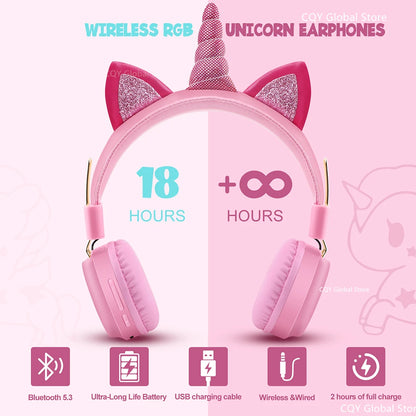 RGB Unicorn Kids Wireless Headphones With Mic Music Stereo Earphone Cute Unicorn Control RGB Light Headset Girls Kids Gift - Universal Market