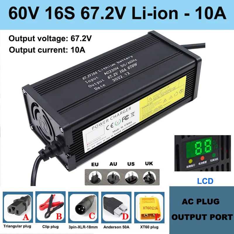 NEW 60V Lithium Battery Charger 67.2V 16S 5A 8A 10A 12A 15A 20A High-power Smart Band Display Rapid Charging Metal Shell