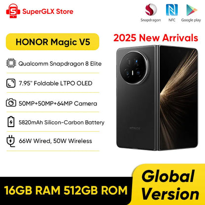 2025 New Global Version HONOR Magic V5 5G Foldable Smartphone 7.95" LTPO OLED Display Snapdragon 8 Elite 5820mAh 66W Wired NFC