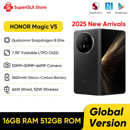 2025 New Global Version HONOR Magic V5 5G Foldable Smartphone 7.95" LTPO OLED Display Snapdragon 8 Elite 5820mAh 66W Wired NFC