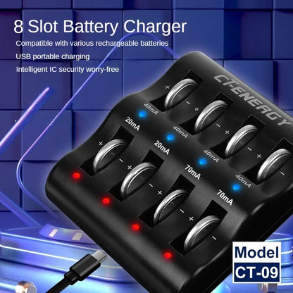 Travel Portable Charger for 1220 1240 1620 1632 2032 2025 2016 2430 2440 2450 2477 Lithium Coin Battery 8 Slot Smart Charger