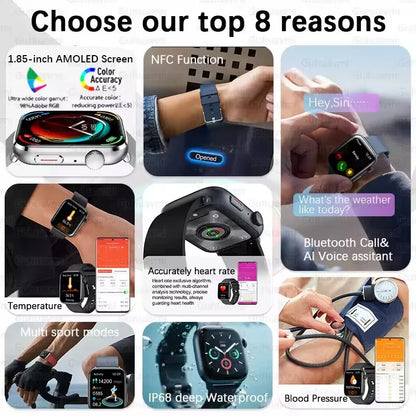 2025 AI Diagnosis NFC Smart Watch Women 1.85 inch AMOLED Blood pressure Heart Rate Temperature BT call Smartwatches Men For IOS