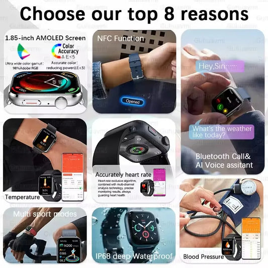 2025 AI Diagnosis NFC Smart Watch Women 1.85 inch AMOLED Blood pressure Heart Rate Temperature BT call Smartwatches Men For IOS