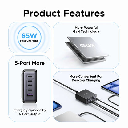 UGREEN 65W GaN Charger PPS QC4.0 PD3.0 5 IN 1 Desktop Charging Station For Phone 16 15 14 Pro Xiaomi Samsung Tablet Macbook Air
