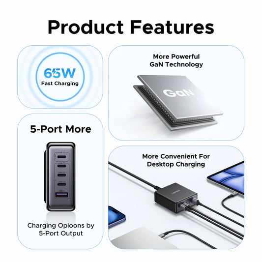 UGREEN 65W GaN Charger PPS QC4.0 PD3.0 5 IN 1 Desktop Charging Station For Phone 16 15 14 Pro Xiaomi Samsung Tablet Macbook Air