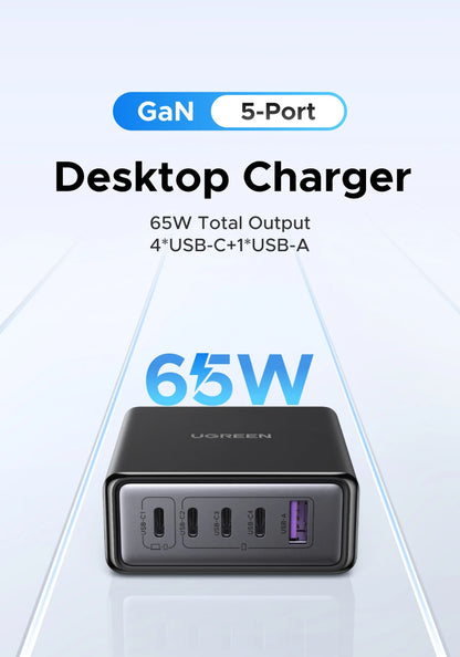 UGREEN 65W GaN Charger PPS QC4.0 PD3.0 5 IN 1 Desktop Charging Station For Phone 16 15 14 Pro Xiaomi Samsung Tablet Macbook Air