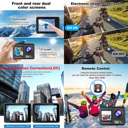G9SE Action Camera 5K30fps 4K60fps 50MP 2.0 Touch LCD EIS DVR Webcam Dual Screen Wi-Fi 170D Waterproof 30M 5X Zoom Sports Camera