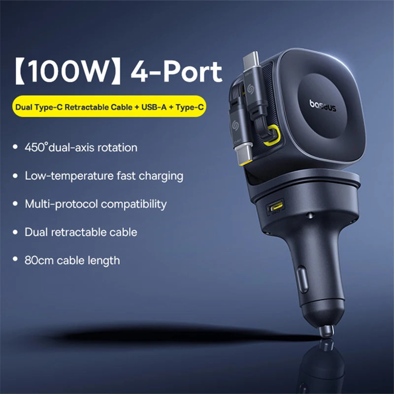Baseus 100W Car Charger PD QC Fast Charging Dual Type-C Retractable Cable 4 ports 450°Rotation For Laptop Tablet iPhone Samsung