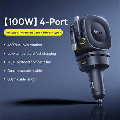 Baseus 100W Car Charger PD QC Fast Charging Dual Type-C Retractable Cable 4 ports 450°Rotation For Laptop Tablet iPhone Samsung
