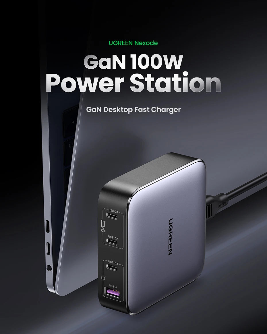 UGREEN 100W GaN Charger Desktop Laptop Fast Charger 4 in 1 Adapter For iPhone 17 16 15 14 Pro Max Phone Charger Xiaomi Samsung