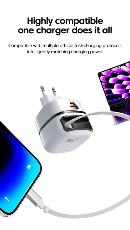 Elough 65W USB Type C Phone Charger Universal Travel Adapter Retractable Fast Charging USB C Cable For iPhone 16 Samsung Laptop